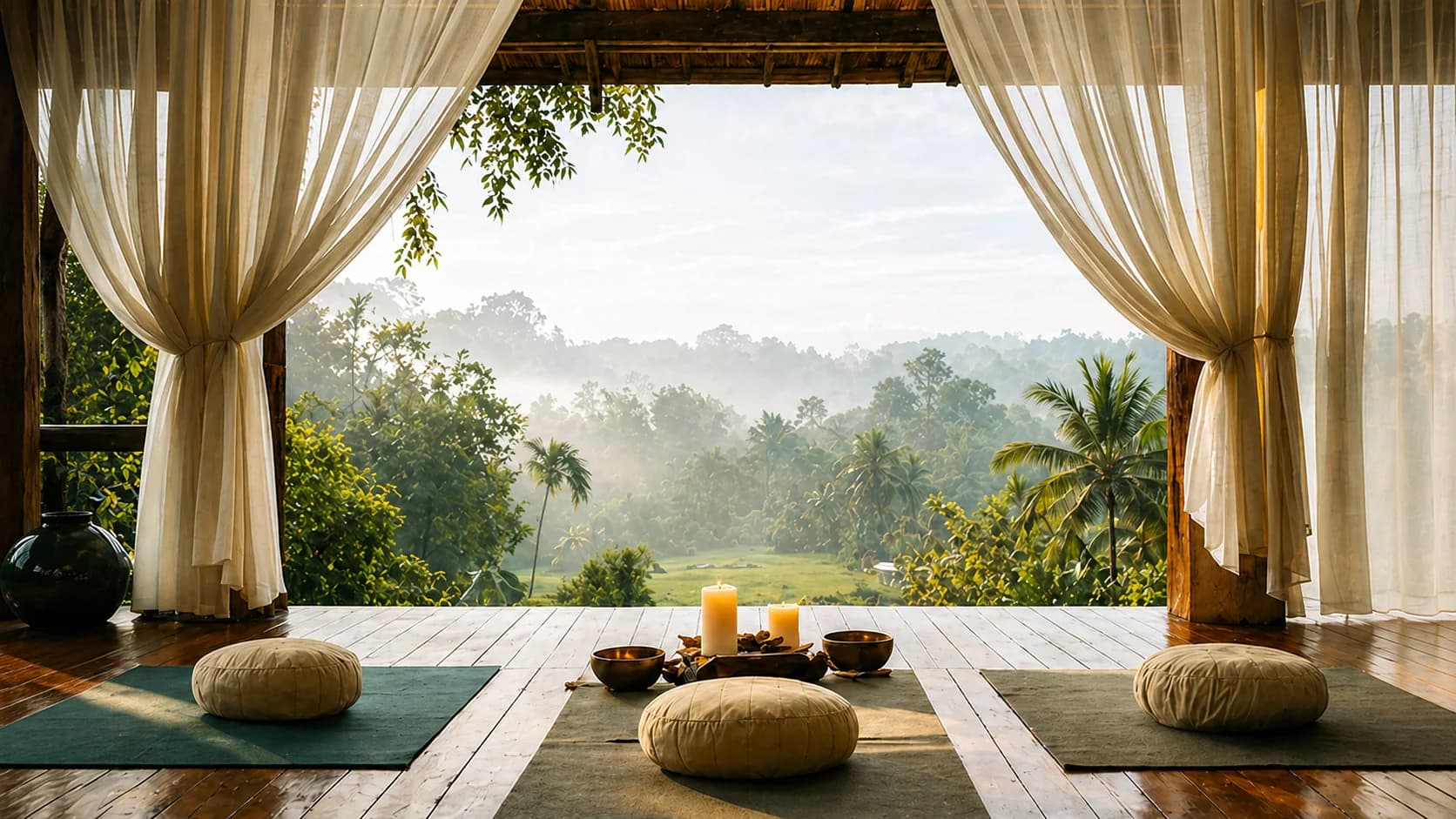Yoga pavilion with meditation cushions overlooking tropical landscape